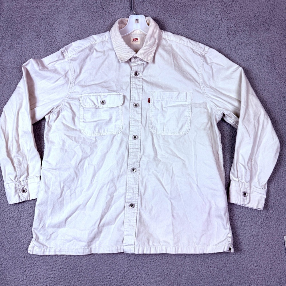 Levis Mens L Cream Cotton Twill Steel Button Up Shirt Corduroy Collar